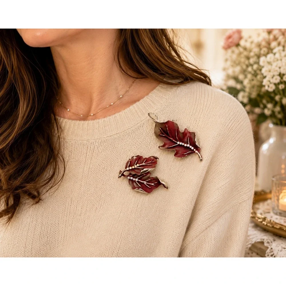 Vintage BSK Enamel Rhinestone Leaf Brooch Pins Set Burgundy Mid Century Fall